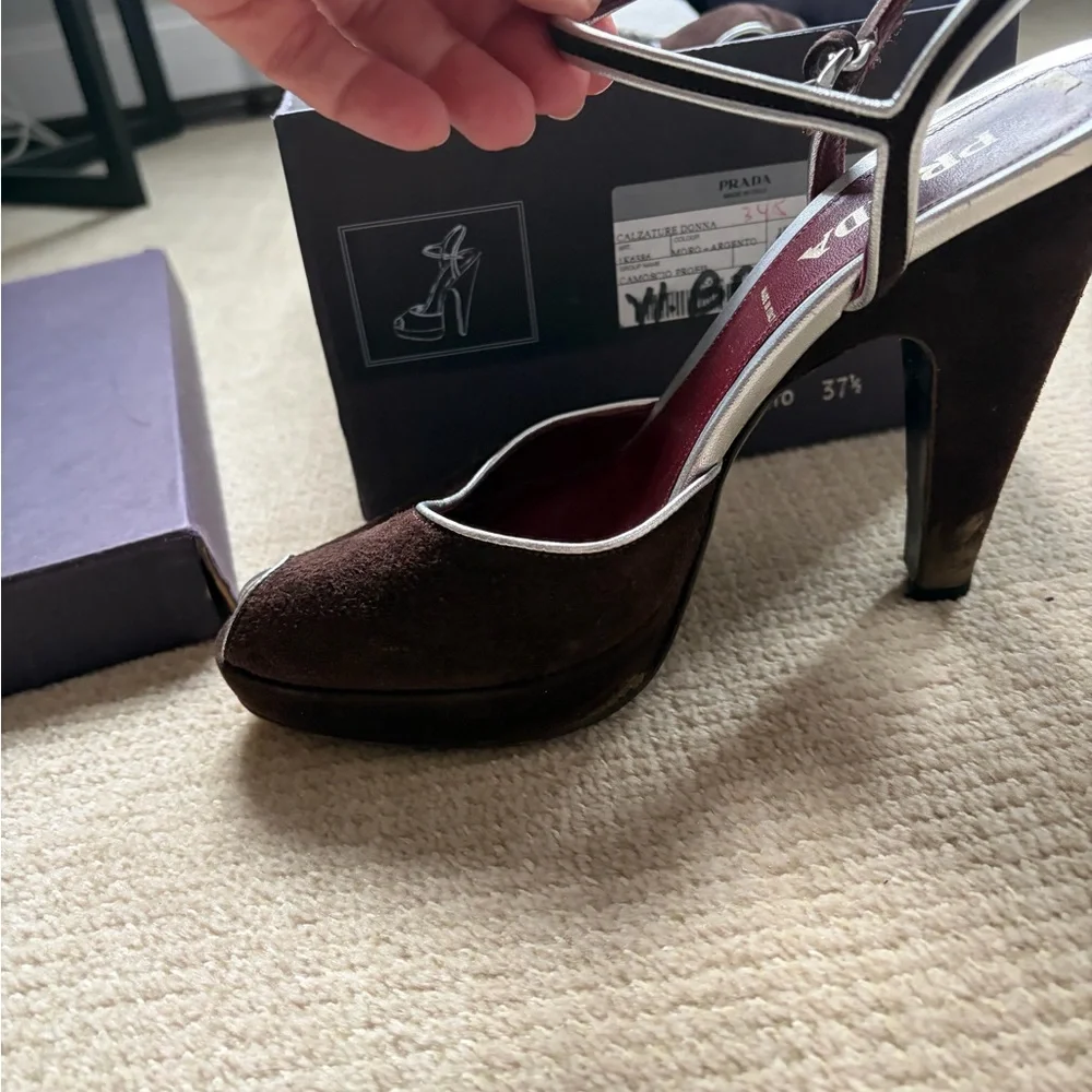 Bintage Prada Brown Suede Peep-Toe Platform Heels with Ankle Strap - Picture 2 of 7